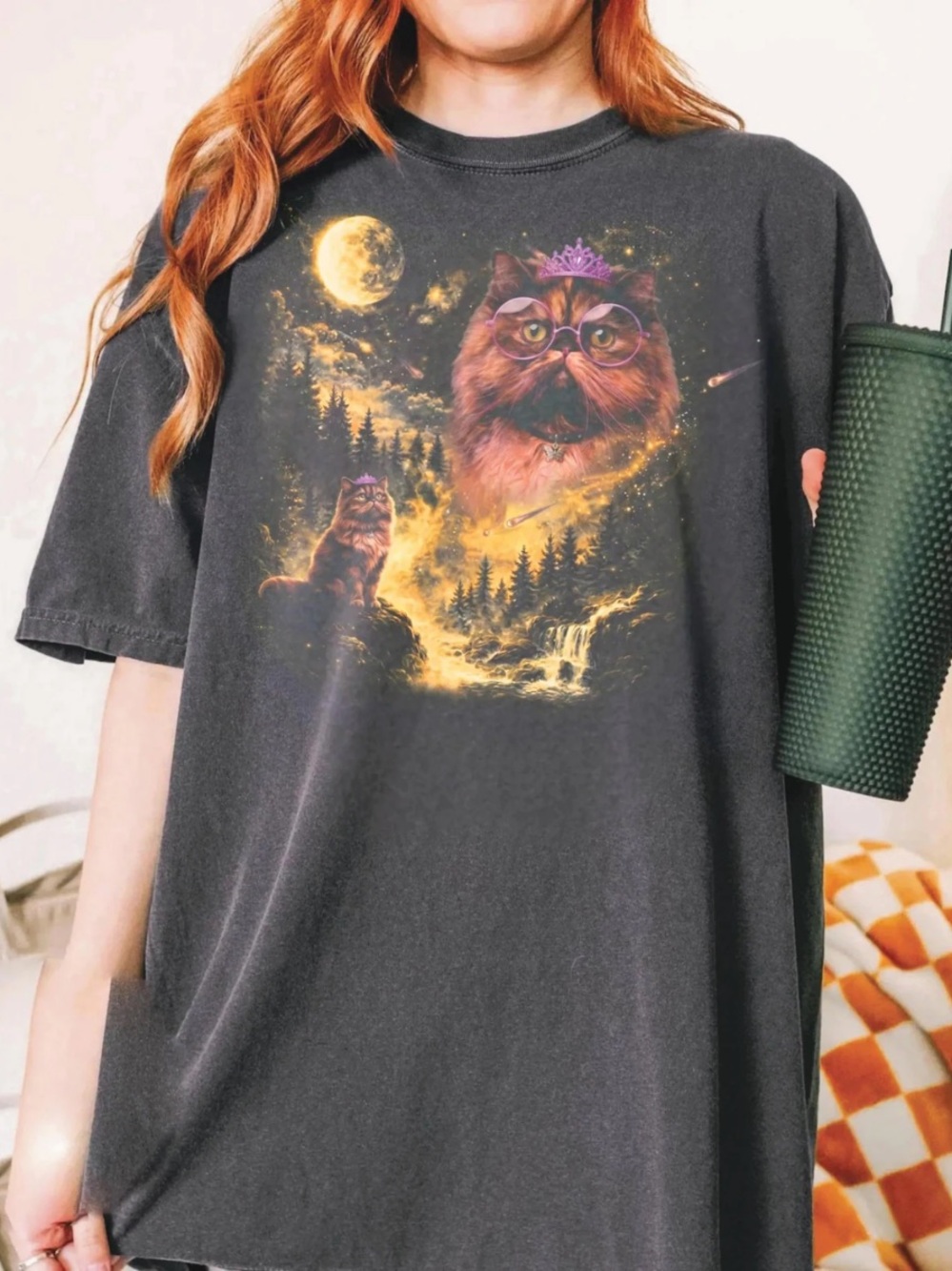 Comfort Colors Pepper Graphic Cat Tee with Night Moon Print